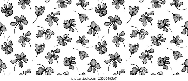 Seamless pattern with abstract hibiscus flowers . Vector graphic natural print. Repeating contrast monochrome texture. Simple Hawaiian print.
