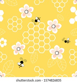 Seamless pattern of abstract honeycomb, flower and cartoon bees on yellow background vector illustration. 