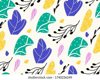 Seamless pattern with abstract image of flowers, leaves, branches. Background, wallpaper in bright, juicy, vibrant summer colors. Printing on fabric, summer swimwear, dresses, t-shirts.Vector graphics