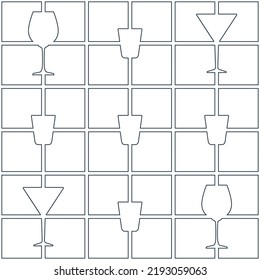 Seamless pattern abstract image glass, vodka wine and martini in square form. Contour line art in flat style. Restaurant alcoholic ornament for celebration design. Repeat beverage outline template.
