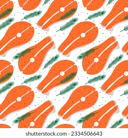 Seamless pattern of abstract image of salmon steak with rosemary sprig and spices. Healthy food Day.