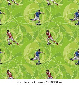 Seamless pattern with an abstract image of soccer (football) players with ball on a green background, made with circle