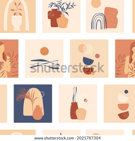 Seamless pattern with abstract images of leaves, nature, vases, geometric shapes. A print of square illustrations in terracotta, beige and blue colors. Vector for textiles, covers, wrapping paper.