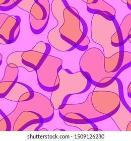 Seamless pattern of abstract intersecting spots in trendy ultraviolet tones of colors. Texture of animal skins. Vector illustration for web design, textile, utensils, packaging.