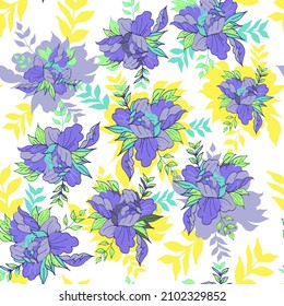 Seamless pattern with abstract irises. Bright and colorful floral background, print for clothes, decorative pillow cases, postcards. Vector.