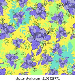 Seamless pattern with abstract irises on a yellow background. Bright and colorful floral print for wallpaper, clothing, decorative pillowcase, postcard, wrapping paper. Vector.