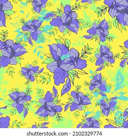 Seamless pattern with abstract irises on a yellow background. Bright and colorful floral print for wallpaper, clothing, decorative pillowcase, postcard, wrapping paper. Vector.