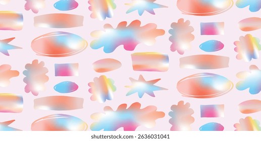Seamless Pattern of Abstract Irregular Shapes with Holographic Gradient. Colorful Blurred Blobs, Stars, Leaves, Ovals, and Rectangles. Pastel Background. Vector Illustration Design