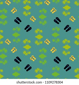 Seamless pattern, abstract island of palm tree and beach sandals, on blue background, vector