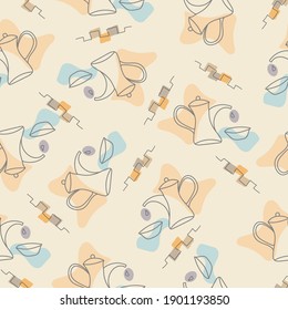 Seamless pattern with abstract jug and bowl in minimalistic style. Linear vector illustration. Flat design.
