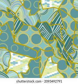 Seamless pattern abstract kintsugi mosaic, simple lines Scandinavian style. Decor fabric, wallpaper trend of the season ivory yellow gold bronze, blue teal turquoise emerald green background. Vector