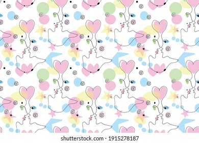 Seamless pattern with abstract kissing couple. Abstraction, line art, flat design. Vector texture background, decoration for card print, wedding, Valentines Day, love theme