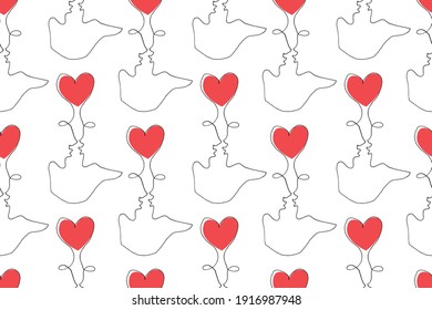 Seamless pattern with abstract kissing couple. Abstraction, line art, flat design. Vector texture background, decoration for card print, wedding, Valentines Day, love theme