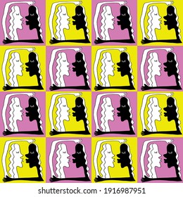 Seamless pattern with abstract kissing and hugging couple. Vector bright pop art, abstraction, funny illustration. Love and interracial marriage theme, Valentines Day