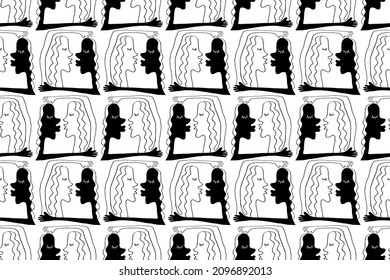 Seamless pattern with abstract kissing and hugging couple. Abstraction, line art, funny illustration. Vector texture background for card print, love and interracial marriage theme, Valentines Day