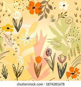 Seamless pattern abstract landscape meadow and garden, flowers and herbs. Modern pattern with doodle textures and floral elements. botanical background for printing on fabric, paper, textile, cover