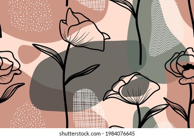 Seamless pattern with abstract leave  and flower. Creative floral surface design. Vector background.