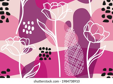 Patrón sin foco con la salida abstracta y la flor. Diseño creativo de superficie floral. Fondo vectorial.