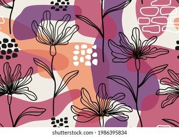 Seamless pattern with abstract leave  and flower. Creative floral surface design. Vector background.