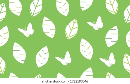 Seamless pattern from abstract leaves and butterflies. Ecological concept and environment conservation. Isolated on a green background.
