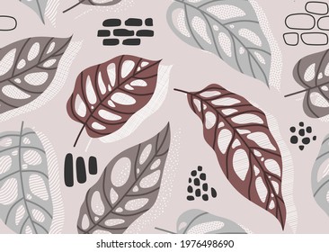 Seamless pattern with abstract leaves. Creative floral surface design. Vector background.