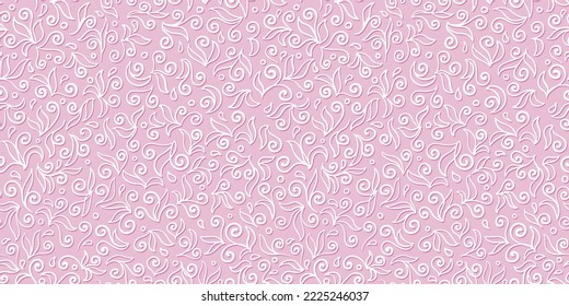 Seamless pattern with abstract leaves and curls, white line on pink background. Hand drawn outline floral design. Monochrome vector, delicate female print for fabric, wrapping paper and wallpaper.