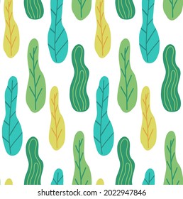 Seamless pattern with abstract leaves with doodle pattern on a white background. Vector natural texture. Wallpaper with hand-drawn trees. Foliage fabric