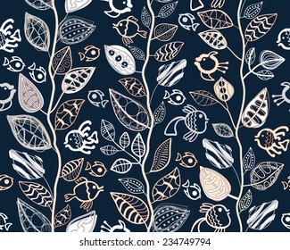Seamless pattern with abstract leaves and fish. EPS10 vector file organized in layers for easy editing.