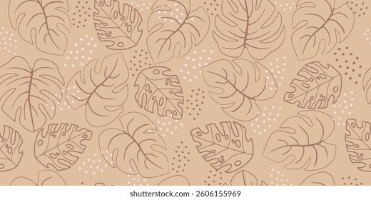 Seamless pattern with abstract leaves. Floral wallpaper in minimalistic linear style. Trendy colors background, line art design element. Vector illustration. Template for design, paper, cover, fabric
