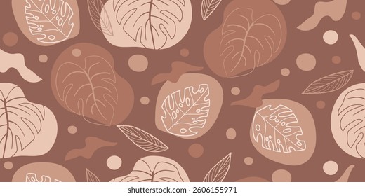 Seamless pattern with abstract leaves. Floral wallpaper in minimalistic linear style. Trendy colors background, line art design element. Vector illustration. Template for design, paper, cover, fabric