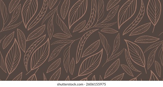Seamless pattern with abstract leaves. Floral wallpaper in minimalistic linear style. Trendy colors background, line art design element. Vector illustration. Template for design, paper, cover, fabric