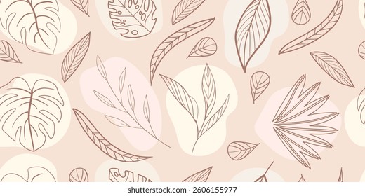 Seamless pattern with abstract leaves. Floral wallpaper in minimalistic linear style. Trendy colors background, line art design element. Vector illustration. Template for design, paper, cover, fabric