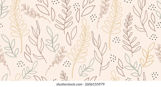 Seamless pattern with abstract leaves. Floral wallpaper in minimalistic linear style. Trendy colors background, line art design element. Vector illustration. Template for design, paper, cover, fabric