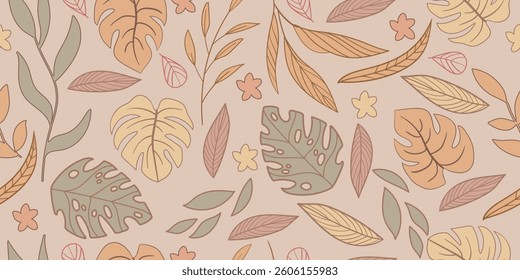 Seamless pattern with abstract leaves. Floral wallpaper in minimalistic linear style. Trendy colors background, line art design element. Vector illustration. Template for design, paper, cover, fabric