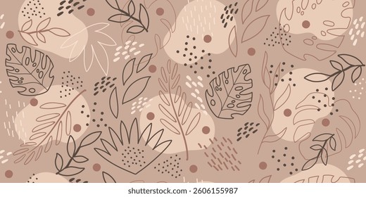 Seamless pattern with abstract leaves. Floral wallpaper in minimalistic linear style. Trendy colors background, line art design element. Vector illustration. Template for design, paper, cover, fabric