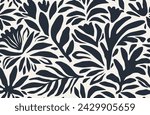 Seamless pattern of abstract leaves and flower. back floral leaf shape organic on white background. black silhouette botanical african style.