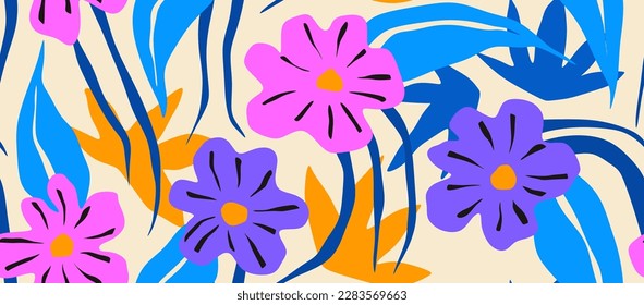 seamless pattern with abstract leaves and flower.