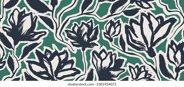 seamless pattern with abstract leaves and flower.