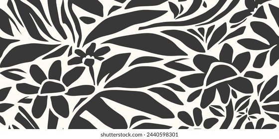 Seamless pattern of abstract leaves and flower. back floral leaf shape organic on white background. black silhouette botanical african style.