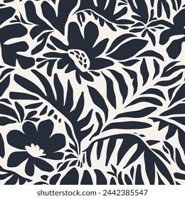 Seamless pattern of abstract leaves and flower. back floral leaf and flowers shape organic on white background. black silhouette botanical african style.