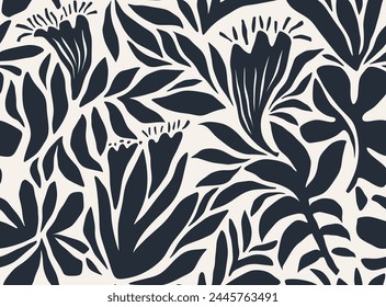 Seamless pattern of abstract leaves and flower. back floral leaf shape organic on white background. black silhouette botanical african style.