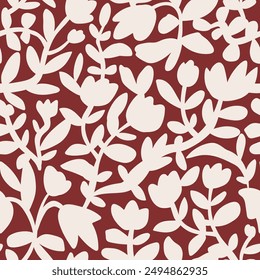 Seamless pattern of abstract leaves and flowers. Hand drawn floral leaf shape organic on red brown background. White silhouette botanical african style. Stylish summer beach fabric design