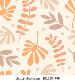 Seamless pattern with abstract leaves. Hand drawn vector illustration. Modern texture for print, textile, packaging.
