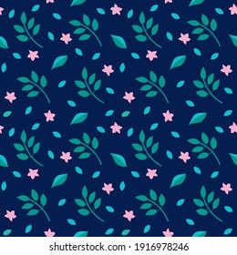 Las hojas abstractas de patrón sin soldadura tienen un fondo azul oscuro. Hojas verdes y flores pequeñas rosas.