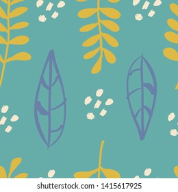 
Seamless pattern with abstract leaves of mint, yellow, purple color range
