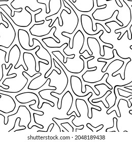  Patrón sin foco con hojas abstractas. Moderna línea negra dibujada a mano sobre el fondo blanco.Diseño para moda, tela, textil, papel pintado y una impresión sobre un producto diferente.