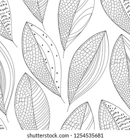 Seamless pattern with abstract leaves on white background. Black and white vector illustration. Outline drawing. Autumn floral background.