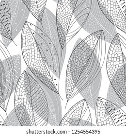 Seamless pattern with abstract leaves on white background.  Monochrome vector illustration. Autumn floral background.