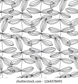 Seamless pattern with abstract leaves on white background. Black and white vector  illustration. Outline drawing. Nature background.