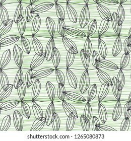 Seamless pattern with abstract leaves on a green striped background. Vector  illustration. Outline drawing. Nature background.